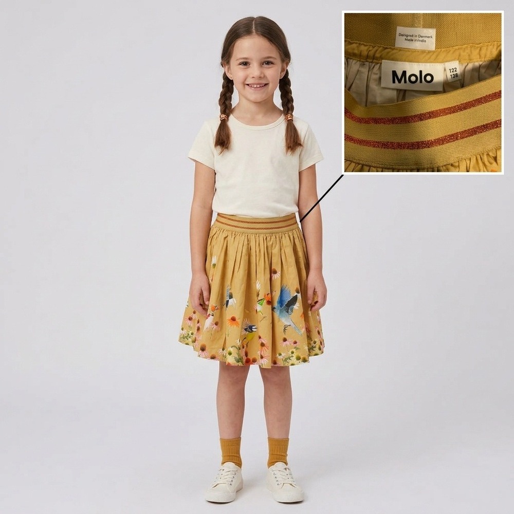Molo Bird Print Skirt Kids Size 7-8 Yellow Excellent Pleated Metallic Waistband